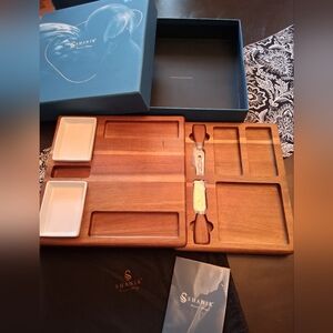 Shanik Acacia Wood Cheese Board Set with Ceramic Bowls And Knife And Fork